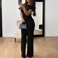 Elegant black off-shoulder short sleeve top and wide-leg pant set for women - S / Black