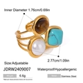 Adjustable golden stainless steel ring with turquoise, pearl and tiger eye inlays - Multi-color Layered Style(JDRW2409007)