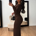 Elegant dark brown two-piece set featuring long-sleeve top and wide-leg trousers for women - Brown