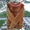 Detail of retro Fair Isle knit sweater showing earthy tones and intricate texture - 3XL / Tops / Orange