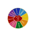 Rotating enamel pin with colorful food choices like Sushi and BBQ on white background - What To Eat