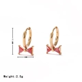 Elegant gold hoop earrings featuring a red zircon bow pendant with size measurements - Gold-Red Zirconia