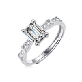 Detailed close-up of emerald cut stone ring with side diamond accents on silver band - Adjustable Open / Multi-Stone Setting Style (R11529-6.5mm/1 Carat)