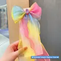 Rainbow gradient bow hair clip with purple gemstone and 25cm streamers for girls - Rainbow Gradient With Gemstone Streamer