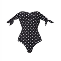 Polka-Dot Einteiler Badeanzug mit elegantem Carmen-Ausschnitt und Schleifen-Details am Ärmel - S / Swimwear