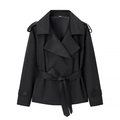 Women's black short trench coat featuring lapel collar, epaulettes and waist belt tie - S / Black
