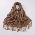 Soft brown cashmere scarf featuring fringe edges and woven texture on a white backdrop - Dark Camel