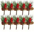 Set of 10 artificial pine needle sprigs with red holly berries and brown pine cones - Red Pine Branch 5 Berries