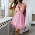 Rosa Pailletten-Netzkleid mit Neckholder-Ausschnitt, tiefem V-Ausschnitt und A-Linie - S / Rosa