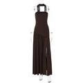 Detail of elegant brown strapless maxi dress with side slit and matching neck scarf - S / Coffee