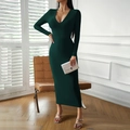Abito lungo attillato verde scuro con maniche lunghe e scollo a V per donna in interni - S / verde scuro