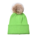 Detailed close-up of bright green ribbed knit beanie with detachable faux fur pom-pom - Green (With Faux Fur Pom-pom)