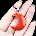 Red natural agate stone moon pendant necklace with black cord and silver clasp - 30mm Red Jasper