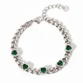 Bracelet chaîne cubaine en acier inoxydable avec cinq pierres vertes en forme de cœur et fermoir - Bracelet Coeur Zircon Vert Argenté (PAK961)