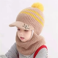 Ensemble bonnet et écharpe tricotés pour enfants beige avec rayures jaunes et pompon - 2-6 Ans (48-52cm) / Marron