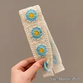 Handmade crochet headband with blue and yellow floral pattern on white knit fabric - 6# Blue Flower Style