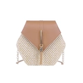 Zeshoekige geweven stro schoudertas met bruine flap, goudkleurige kwast en ketting - Bruin