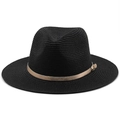 Close-up of a black straw fedora hat featuring a stylish gold buckle leather band detail - M (56-58cm) / Black
