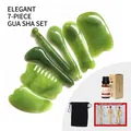 7-piece green resin massage scraping set with essential oil and acupoint map - Massage Tool Set + Velvet Bag + Chart + Essential Oil / Green