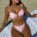 Pink two-piece bikini with textured fabric and V-shaped gold hardware detail - S / Pink