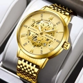 Men's gold automatic mechanical watch with hollow skeleton dial and waterproof design - Gold Gold Face