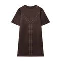 Short-sleeve dark brown suede dress featuring silver metal stud embellishments on front - XS / Coffee