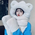 3-in-1 plush bear hooded scarf with mittens for women in white soft faux fur - Thickened Version / White