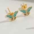 Minimalist butterfly stud earrings in golden finish with colorful gemstones for women - Lake Blue Butterfly (ES2604)