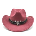 Macro detail of wine red suede cowboy hat with ethnic woven band and bull head ornament - M (56-59cm) / Wine Red Suede
