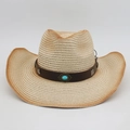 Detalle de sombrero vaquero de paja bohemio con piedra turquesa y tachuelas plateadas - Talla única (Degradado) / Beige (Con Cuerda Turquesa)