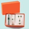 Luxury gold women's watch and green gemstone jewelry set in an orange gift box - Silver/Green Set 1