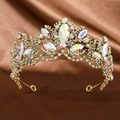 Golden Baroque crown with iridescent crystals and floral filigree for weddings - Gold Rainbow Diamond