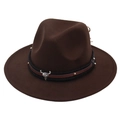 Detail of dark brown felt hat with silver bull head buckle and woven leather band - Kids One Size (54cm) / Coffee