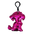 Close-up of pink sequin poodle keychain with reflective fish scale texture and black clip - Dog