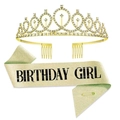 Detail of a sparkling gold rhinestone tiara and golden glitter Birthday Girl sash set - Birthday Girl Set / Gold