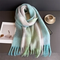 Detail of soft blue and green plaid tassel scarf with a thick mohair-like wool texture - Blue Green White Grey Large Plaid (WJ137-36)