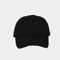 Detailed view of black washed cotton baseball cap with vintage distressed ripped holes - Black