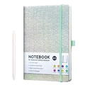 A5 dot grid notebook with silver glitter PU cover, green elastic strap and pen holder - A5 Strap Notebook With White Pen / Starry Silver