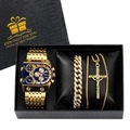 Oulm gold luxury set featuring large dial watch with cuban chain and cross necklace in gift box - 9315 Gold Blue Necklace Collection