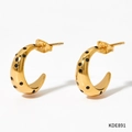 Golden C-shaped hoop earrings with embedded black zircons in a vintage minimalist style - 14K Gold + Black Zircon (KDE891)