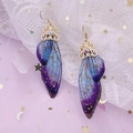 S925 silver butterfly wing long earrings with purple blue gradient and gold foil - Noble Blue Purple-Gold Foil