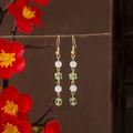 Vintage long tassel earrings with white beads and green crystals in gold finish - Square Green Crystal White Bead Gold Hook (E4455)