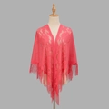Scialle in pizzo rosa corallo con ricami floreali ed eleganti dettagli di frange - Rosso Brillante