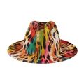 Macro detail of the vibrant multicolor leopard print on the wool felt fedora hat surface - One Size (58cm) / Colorful Leopard