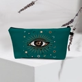 Detail of dark teal cosmetic bag with evil eye patterns on white concrete block - Deep Cyan Mystic