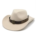 Detail of beige cowboy hat featuring brown leather band with metal floral buckles and studs - M (56-58cm) / Beige