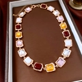 Detail of vintage necklace with colorful square rhinestones and golden alloy chain - Pink Red Yellow White Mixed