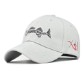 Close-up of 3D fish bone embroidery and red artistic lettering on grey baseball cap - Adjustable / Fish Bone Grey