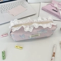 Detail of pink canvas cat pencil case with white lace edges and floral feline pattern - Blue Cat Print (Sozakka) / Pink