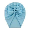 Detail of light blue baby turban hat with three bows made of soft knitted cotton - Blue